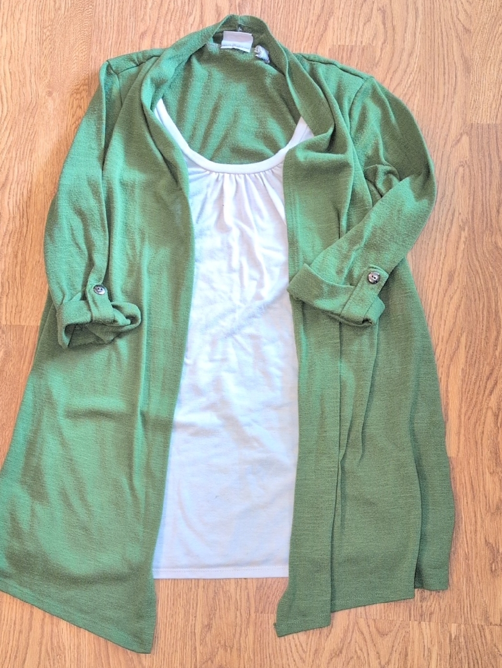 Kim Rogers Green Open-Front Cardigan And White Shirt - One Piece